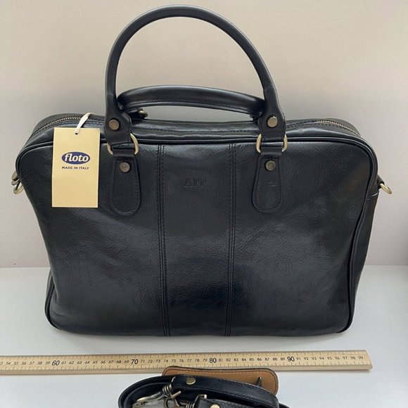 Floto Venezia Women Black Leather Boston Briefcase Attached Laptop Case w/ Strap - Picture 3 of 16